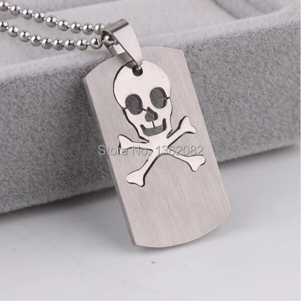 

2 in 1 Stainless Steel Skull Dog tags Men's Cool Silver Tone Pirate Skull pendant Necklace Chain Gift MN63