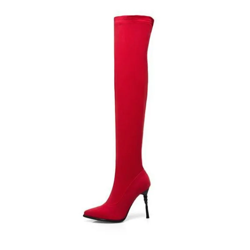 Sexy Pointed Toe Over Knee Boots Denim Slip On Women's Shoes Thigh Boots Rubber Long Barrel Boots 2018 Winter Footwear For Women (7)
