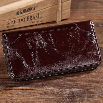 

Oil Wax Cowhide Coin Purse Clutch Hand Bags Solid Pocket Card Holder Zipper Bifold Vintage Male Genuine Leather Men Long Wallet