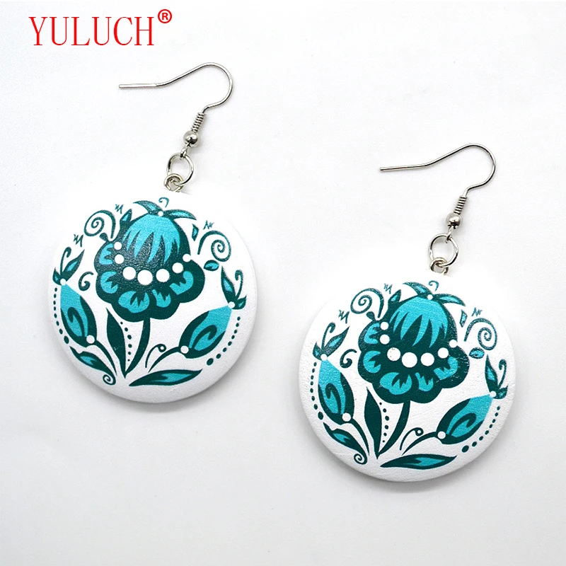 

YULUCH Color Printing 4 Color Flowers Round Wooden Fashion Pop Pendant Earrings Cute Woman New Arrival Accessories Gifts