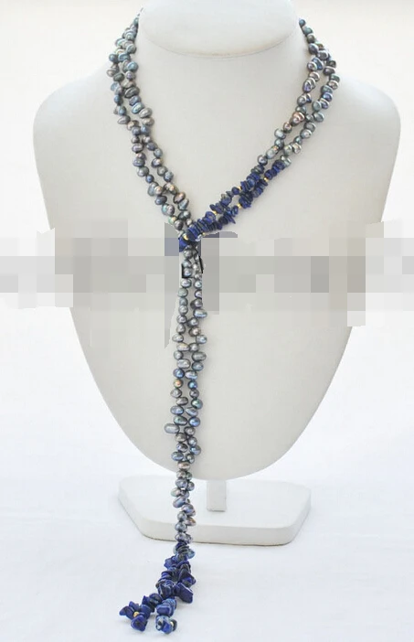 

huij 004525 BLACK RICE WHITEWATER PEARL BLUE lapis lazuli NECKLACE