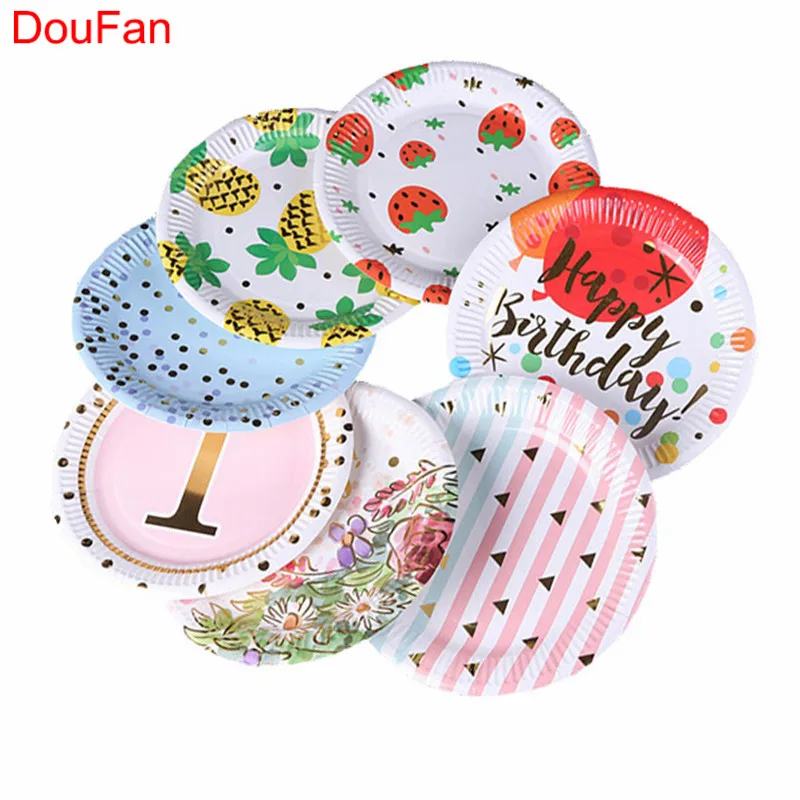 

DouFan 10pcs Disposable Colorful Plates Happy Birthday Plate 1st Birthday Supplies Pineapple Strawberry Dot Decor Party Supplies