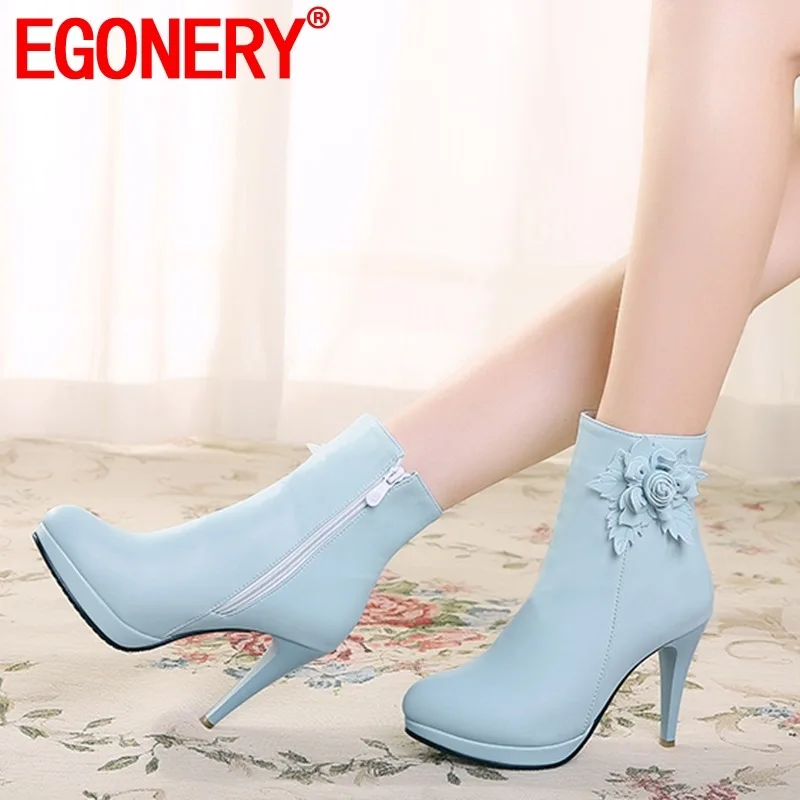 

EGONERY woman shoes winter new fashion sweet round toe flowers ankle boots outside super high heels platform zip plus size shoes