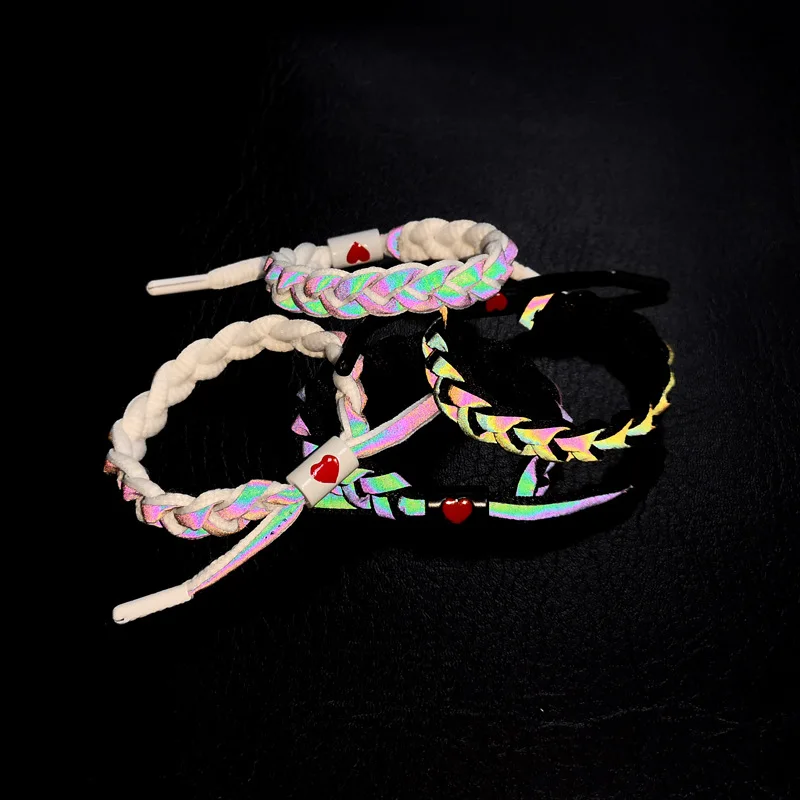 Мода Любовь голографический светоотражающий браслет вибрирующий тот же абзац Студенческая пара плетение кружева Цвет Изменение ручной веревки