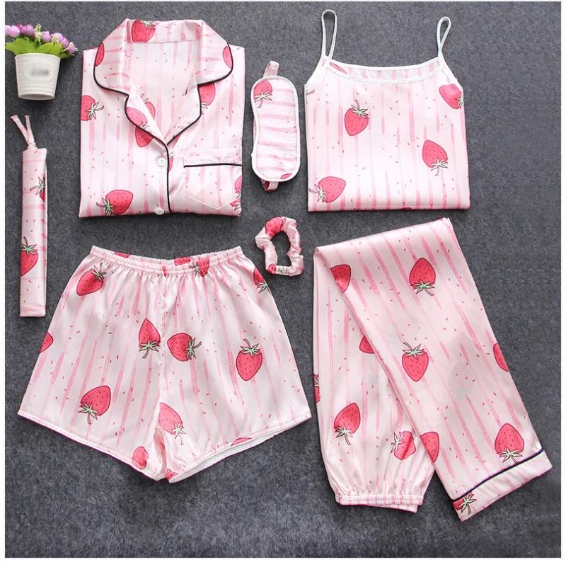 Satin Sleepwear Sexy Pyjamas Pijamas Women Pajamas Sets Slik Sleep Lounge 7 Pieces Nightwear Ladies Pajama Suit Indoor Clothing for women (10)