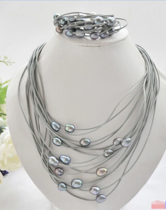 

Hot sell Noble- 15row 13mm black rice pearl gray leather necklace & bracelet (A0423)