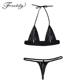 

Women Lingerie Sexy Faux Leather Zipper Closure Bikini Lingerie Set Halter Bra Top with Mini G-string Thong Underwear