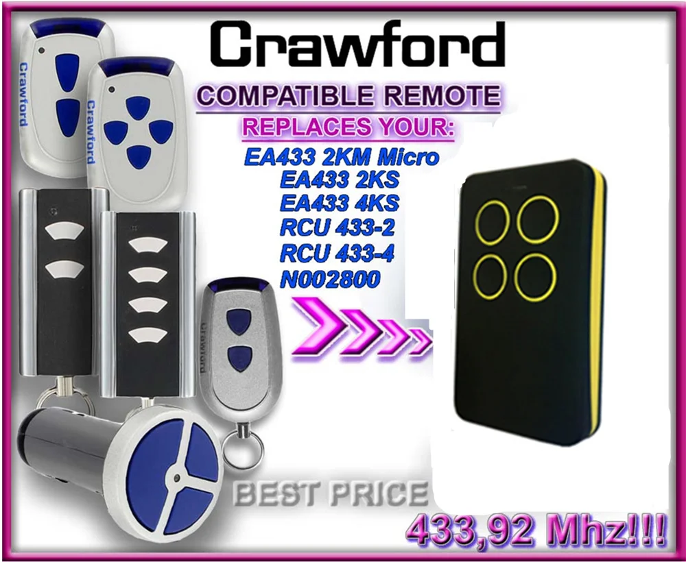 

Crawford RCU 433-2, RCU 433-4 compatible remote control. 433,92Mhz Rolling code
