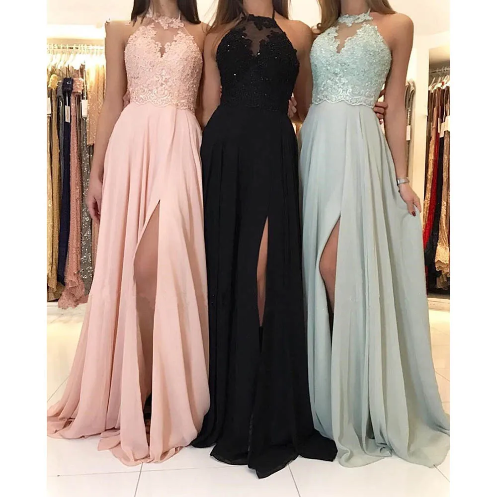 

Verngo High neck Long prom dress with lace appliques Beading Slit side Candy color Custom made Prom gown