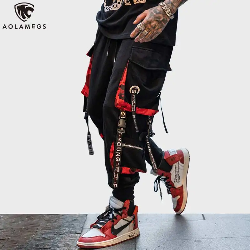 Calças dos Homens Aolamegs Bloco Bolso Faixa Calças Masculinas Moda Cintura Elástica Hip Hop Joggers Sweatpants Streetwear Hit Cor