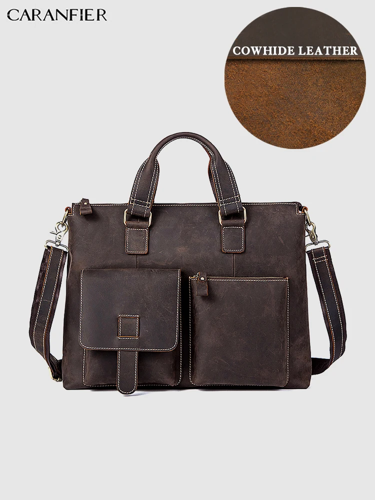 

CARANFIER Briefcases Mens Document Business Bags Genuine Cowhide Leather Laptop Totes Vintage Handbags Male Solid Shoulder Bags