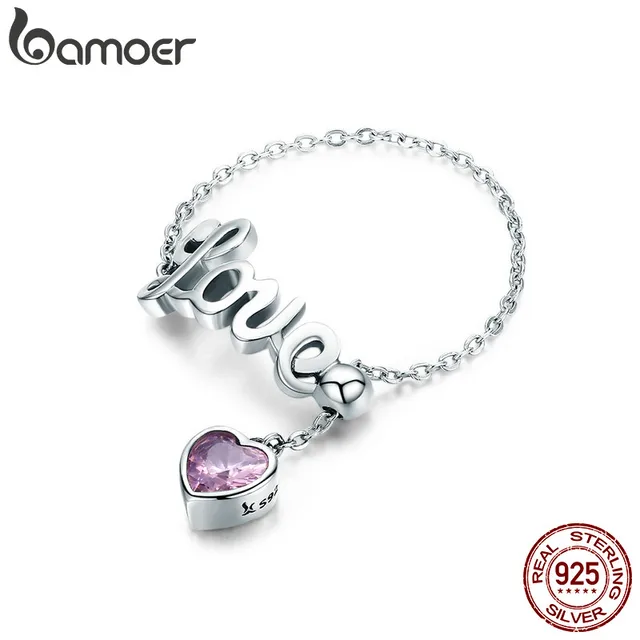 BAMOER Genuine 925 Sterling Silver Love Letter Adjustable Finger Ring Female Par BAMOER Genuine 925 Sterling Silver Love Letter Adjustable Finger Ring Female Par