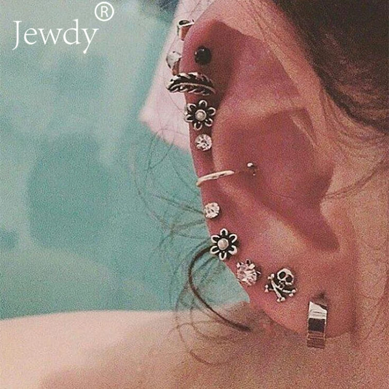 

9 PCS/Set Boho Crystal Flower Stud Earring Feather Skull Retro Fashion Earrings For Women Heart Star Ear Brincos Jewelry 2019