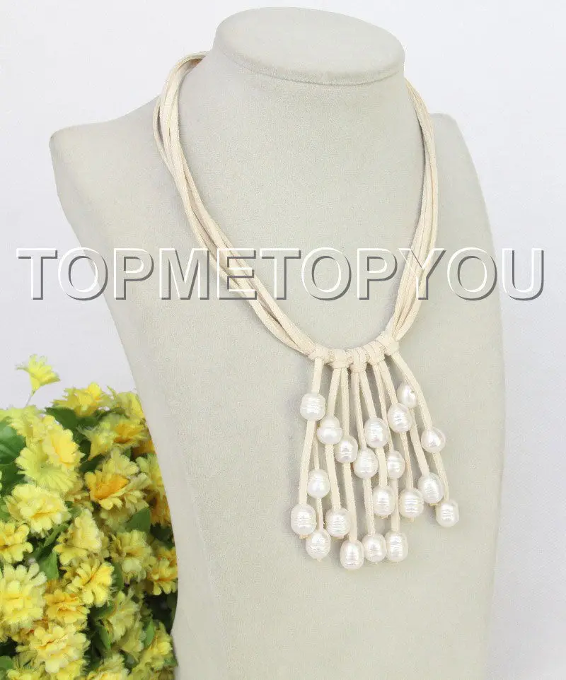 

FREE SHIPPING>>>@@ > adjustable 16"-18" 5row Baroque white pearls white leather necklace