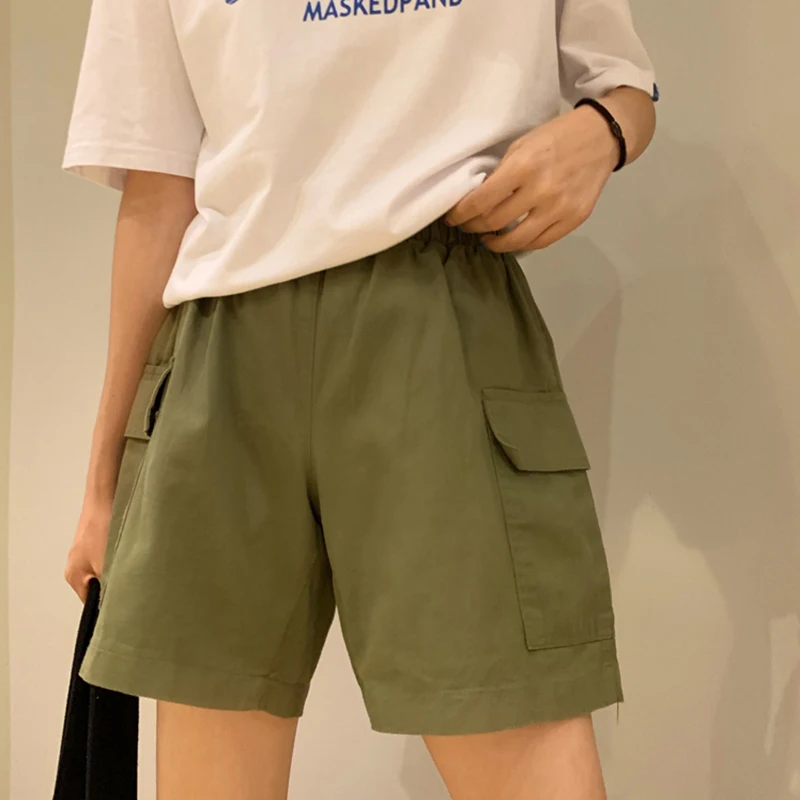 

Cargo Shorts Women Korean BF Solid Color All-match Elastic Waist Summer Short Femme Casual Green Black Women's Shorts High Waist