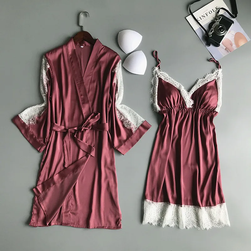 Летний женский халат, набор платьев с нагрудными накладками, Сексуальная атласная Шелковая пижама для подружки невесты, кружевная ночная рубашка, платье без рукавов - Цвет: Wine Red
