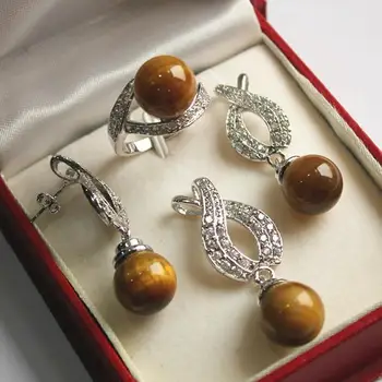 

Hot! high qulity new jewelry plated + 12mm tiger eye stone pendant, earring, , ring set AA1013