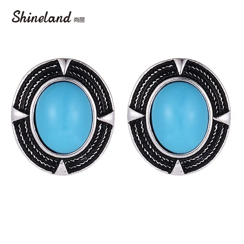 

Shineland New Vintage Round Earring for Women Big Resin Black Blue Stone Brincos Grande Pendientes Mujer 2018 Statement Jewelry