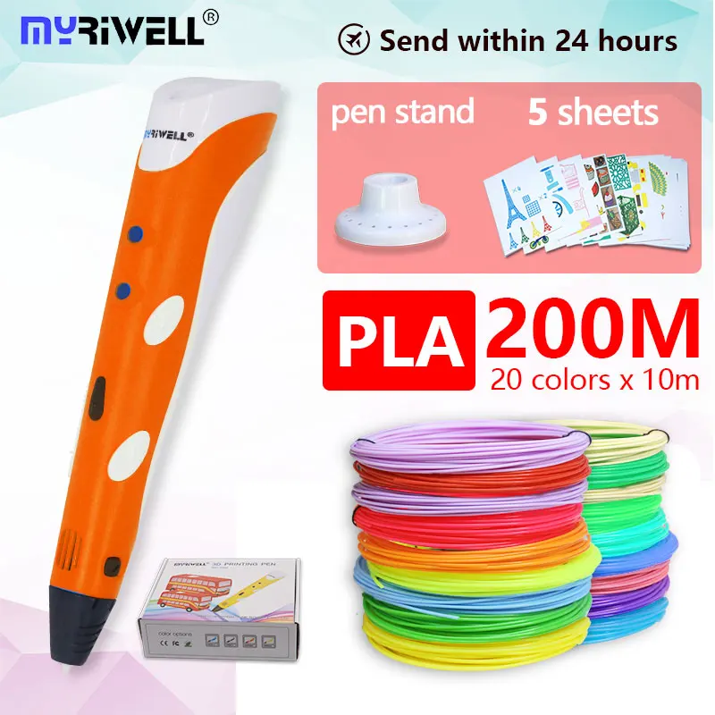 Myriwell 3d Ручка 3d+ 100 м pla нити 3d печатных ручка 3 d Ручка 3d ручки для детей искусство рисования инструменты лучший подарок для детей - Цвет: orange PLA 20color