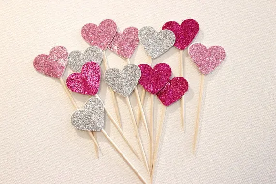 

40cps Silver Pink Hearts Party cupcake toppers Kids Birthday party Cake favors Wedding Decoration supplies Girl baby shower