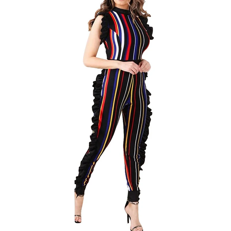 Sexy Women Striped Print Colorful Rompers Ruffles