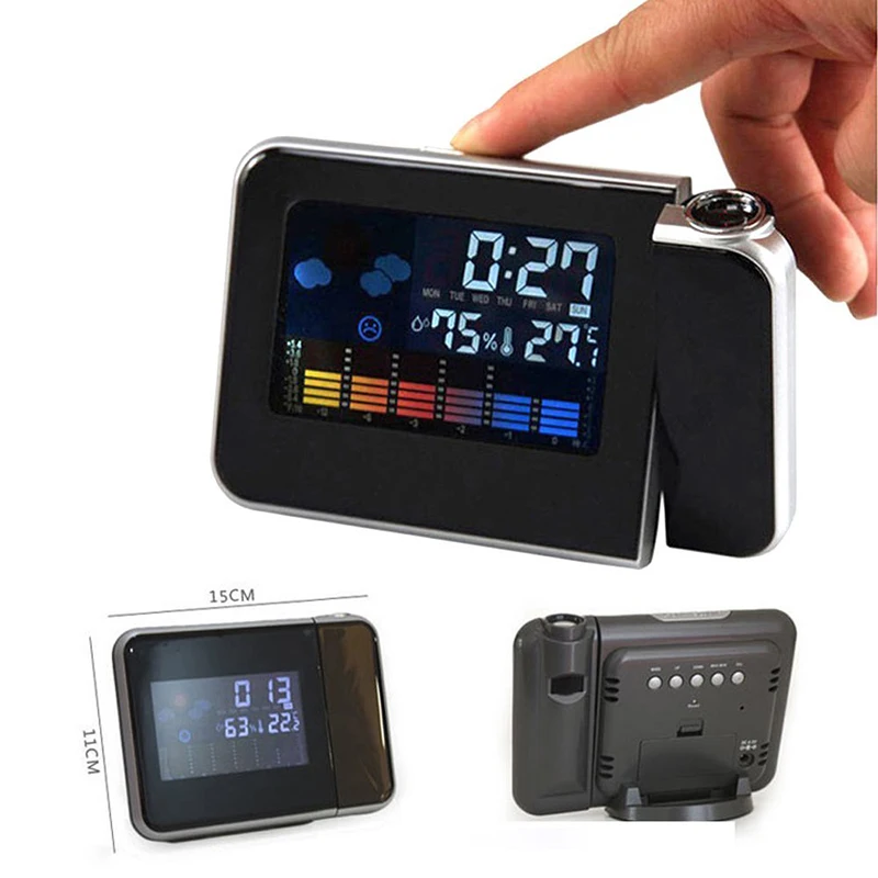 

New 1PC Square Projection Digital Weather LCD Snooze Alarm Clock Projector Color Display LED Backlight Digital Alarm Clock Black
