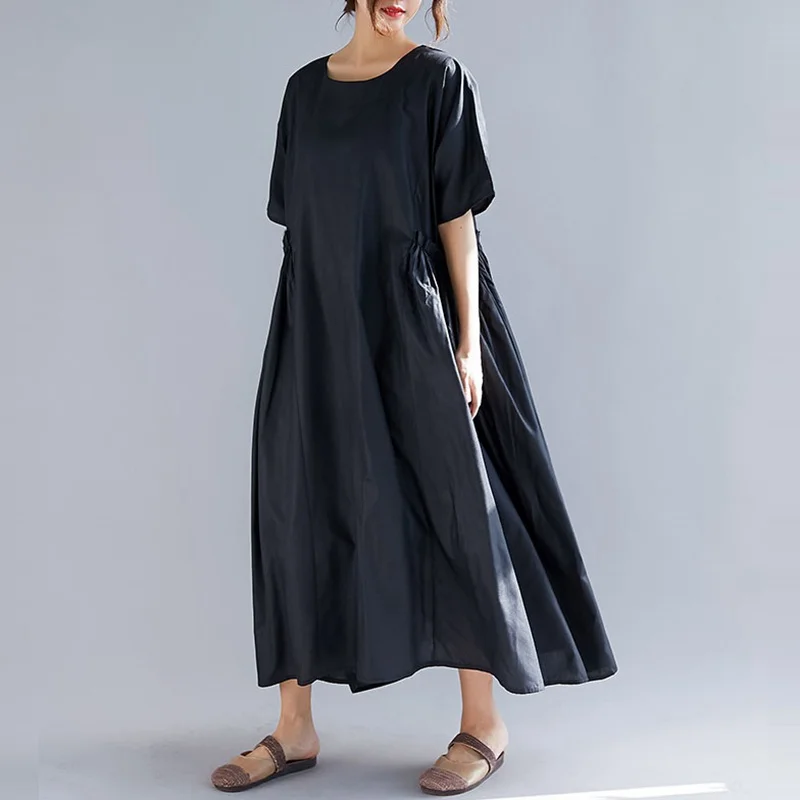 

Summer Women Long Dress Casual Women Cotton Linen Short Sleeve O Neck Vestido Plus Size Oversized Loose Maxi Dresses
