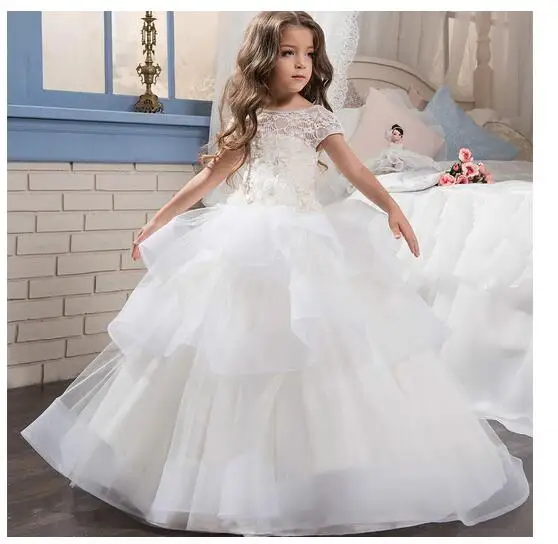 Girls Formal Dress 2017 Shortsleeve Flower Girls Dresses Kids Long Lace Party Tiered Gauze Ball Gown Children's Wedding Dress цена Girls Formal Dress 2017 Shortsleeve Flower Girls Dresses Kids Long Lace Party Tiered Gauze Ball Gown Children's Wedding Dress цены онлайн
