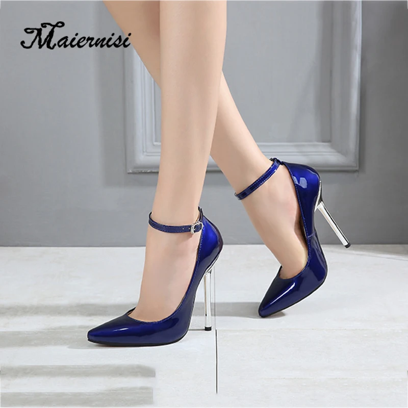 

MAIERNISI women new 13cm high heel Pumps black electroplated metal model sexy high heels office work shoe ladies plus size