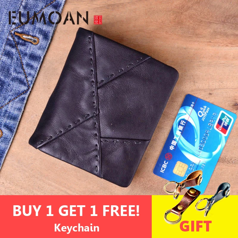 

EUMOAN Handmade leather wallet men short section vertical zipper personality men money wallet male Sewing thread Vintage wallet
