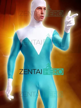 

Free Shipping DHL Custom Sky Blue And White The Incredibles Frozone Costume Open Face Frozone Superhero Lycra Zentai Bodysuit