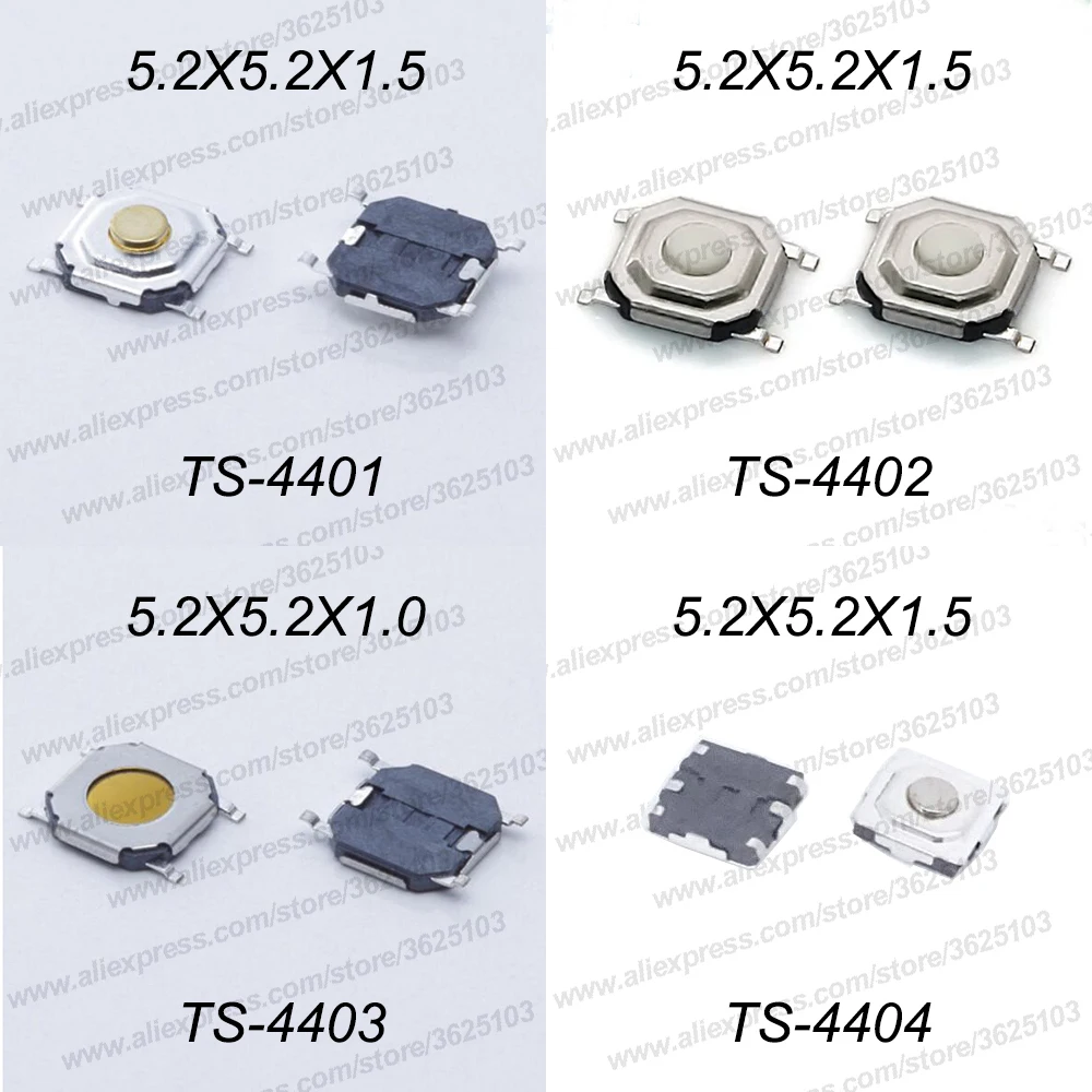 50 шт./лот SMD 4*4*1,5 мм(5,2*5,2*1,5 мм) тактильная тактовая кнопка микропереключатель мгновенная кнопка Медная головка/резиновая головка и т. Д