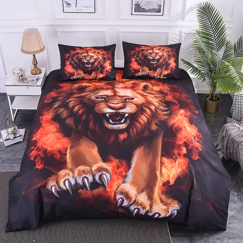Boniu 3d Lion with Fire Bedding Set 2/3pcs Lifelike Animal Duvet Cover Pillow Covers AU/US/EU/UK Twin Size Bedclothes | Дом и сад