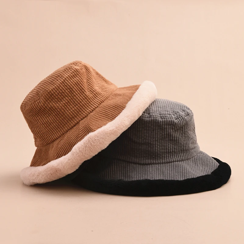 

MAXSITI U Autumn and winter hats Vintage corduroy Splicing plush bucket hats