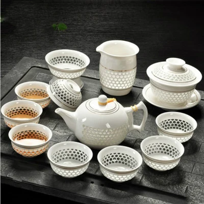 

White Porcelain Kung Fu Tea Set Teapot Tea Cup Cover Bowl Hollow Honeycomb Exquisite Simple Ceramic Household Tea GaiWan