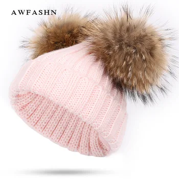 

New Lovely Children Two Raccoon Fur pom poms Knit Beanie Hat Boy Girl Winter Thicken Hedging Cap Skullies Fashion Bone kids baby