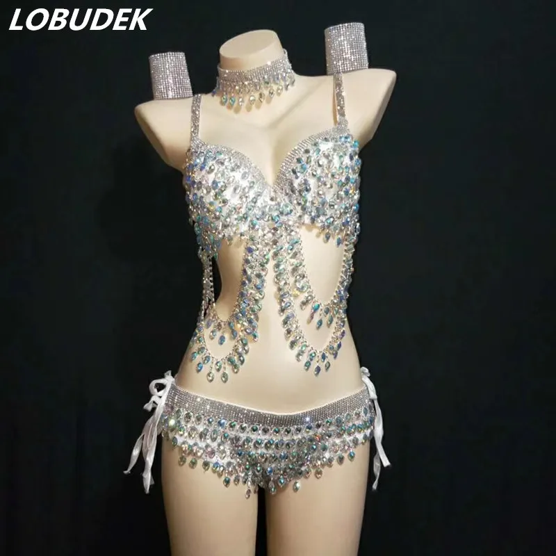 

Sparkly Rhinestones Beading Bikini Set Sexy Women Stage Wear Bar Club Party Show Costume Nightclub DJ Singer Performance Bra Set