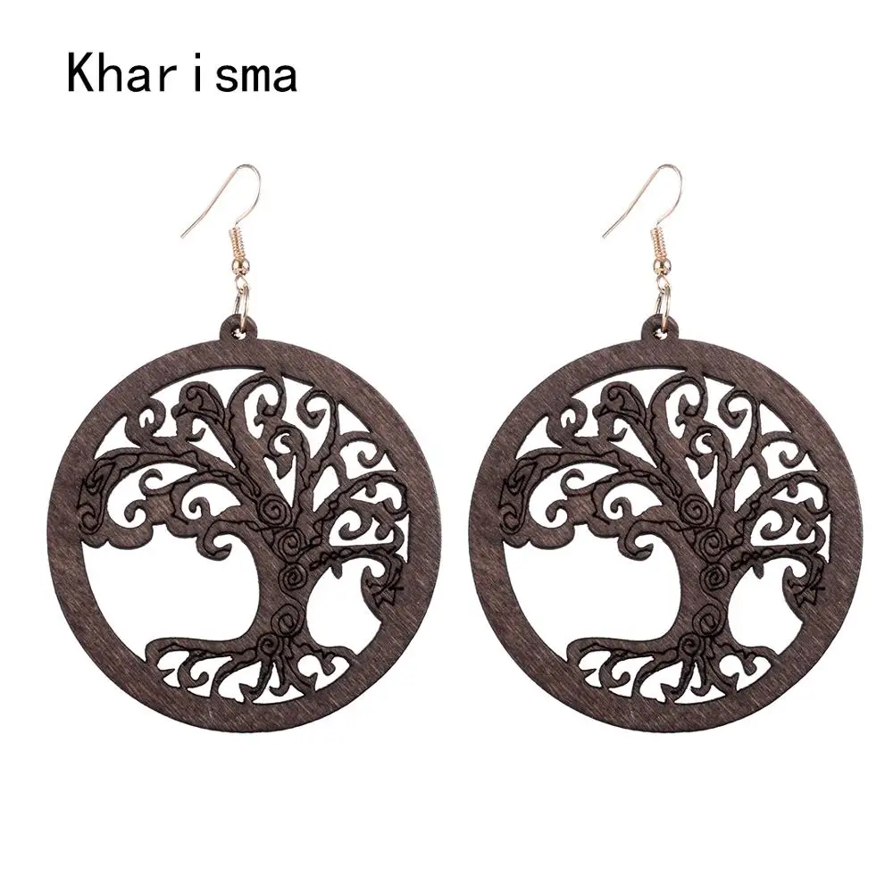 

KHARISMA African Round Hollow Life Tree Pendant Earrings 2019 Fashion Jewelry Bohemian Boho Red Black Wooden Drop Earring Party