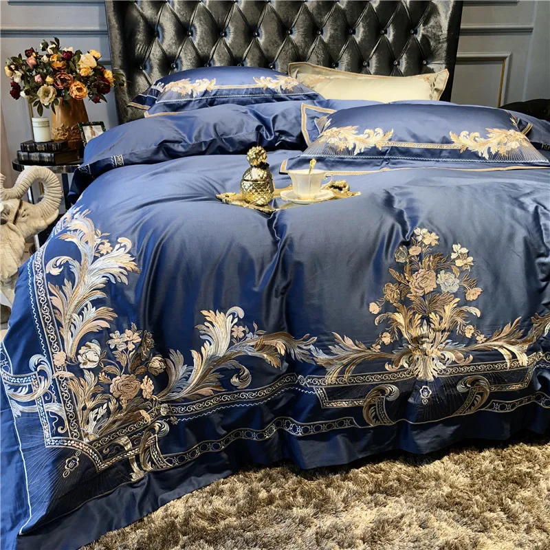 Sale Champagne Blue White Luxury Royal Embroidery 100S Egyptian Cotton Palace Bedding Set Duvet Cover Bed sheet/Linen Pillowcases 32