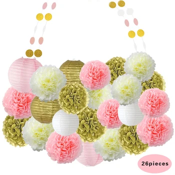 

26pcs/set Chic White Pink Round Chinese Lantern Pom pom Tissue Flowers String Garland for Wedding Christmas Party Decoration