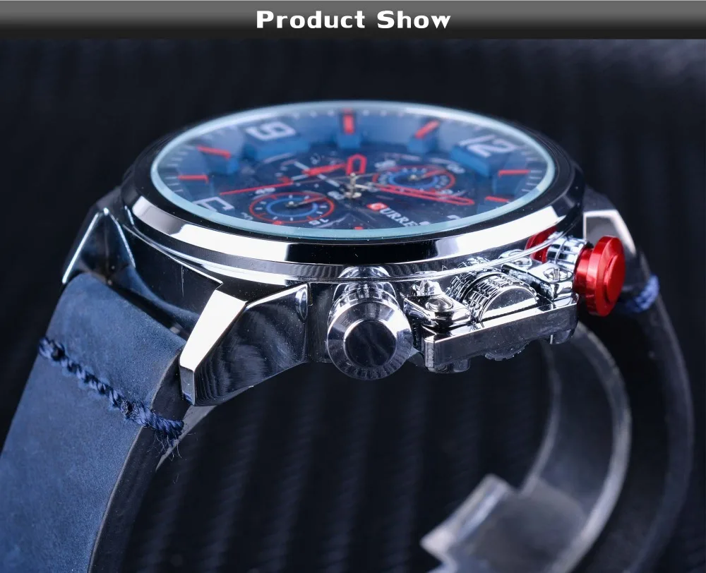 CURREN серия океана синий кожаный ремень 3 циферблата календарь Мужские креативные часы лучший бренд класса люкс кварцевые наручные часы Мужские часы