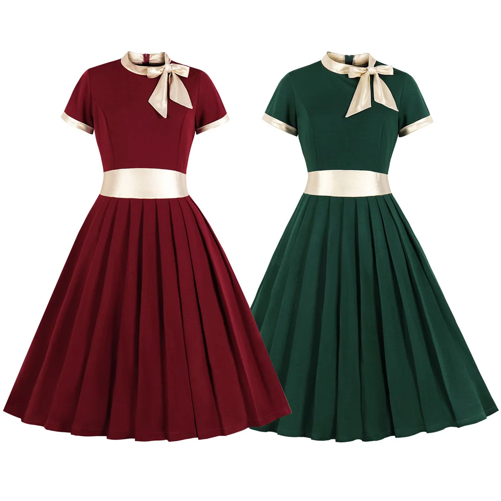 Joineles Ribbons Bowknots Party Vestidos De Feast Plus Size Solid Women Retro Dress Short Sleeves Pleated Vintage Dress 4XL Robe