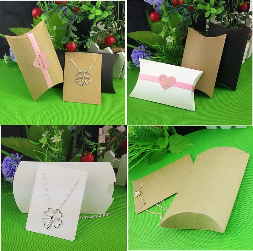 

Kraft paper Pillow Box Packag Necklace Jewelry Display Clear Box Pv 1Lot=50 pcs box +50 cards Custom Logo MOQ 1000 pcs