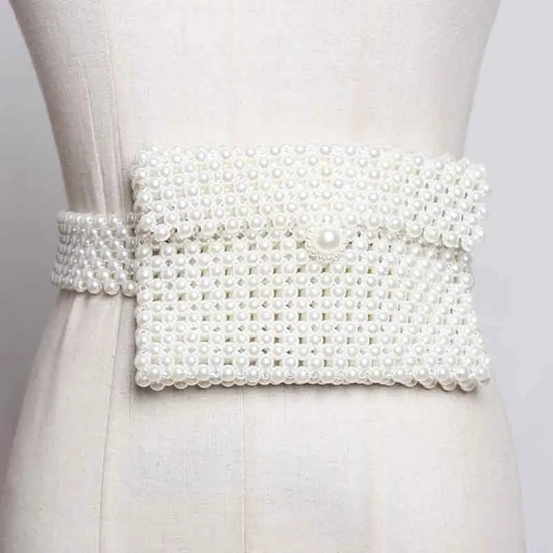 

[YaLee] New Fashion 2019 Summer Original Hollow Out Weave Girdle Man-made Pearl Mini-bag Waist Belts Women A084