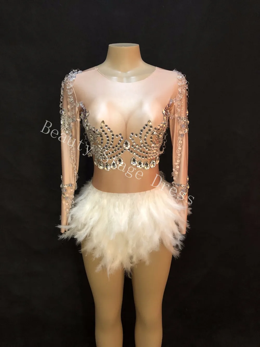 

Sparkling Crystals Jumpsuit Nightclub Party Women Sexy Skin Color Bodysuit Short White Feather Skirt Glass Costume