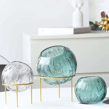 

Creative Flower Vase Transparent Ball Leaves Pattern Glass Vase Gold Iron Frame Micro Landscape Glass Ball Plant Vase Home Gifts