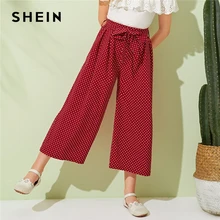 SHEIN Kiddie/бордовые Широкие штаны в горошек для девочек с поясом; коллекция года; летние свободные плиссированные брюки с эластичной резинкой на талии в стиле бохо