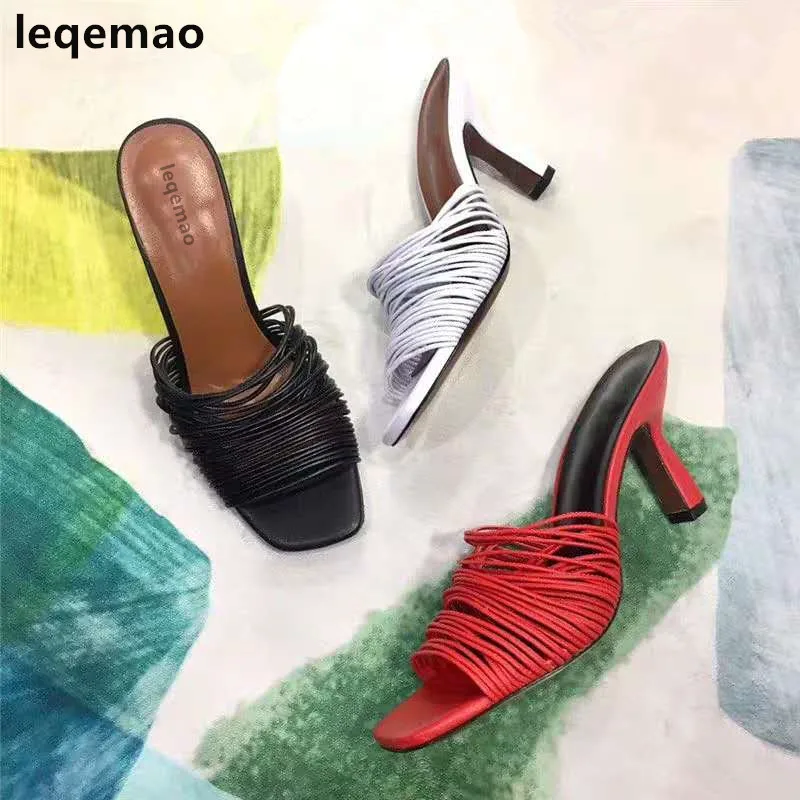 Summer Women High Single Cusp Thin Heels Shallow Narrow Band Slides Ladies Slipper Sandals Woman Genuine Leather Runway Shoes