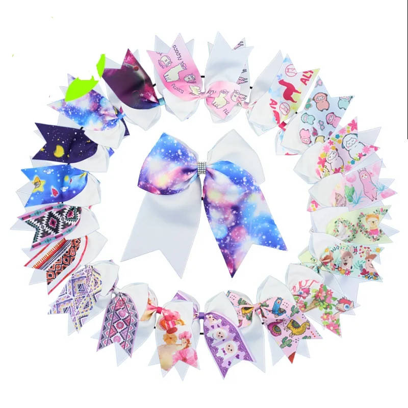 

HOT SALE 8INCH Alpaca starry sky Cheer Bow With Rubber Band For Girls Kids rhinestone Ponytail Hair Bow hair accessories 20PCS