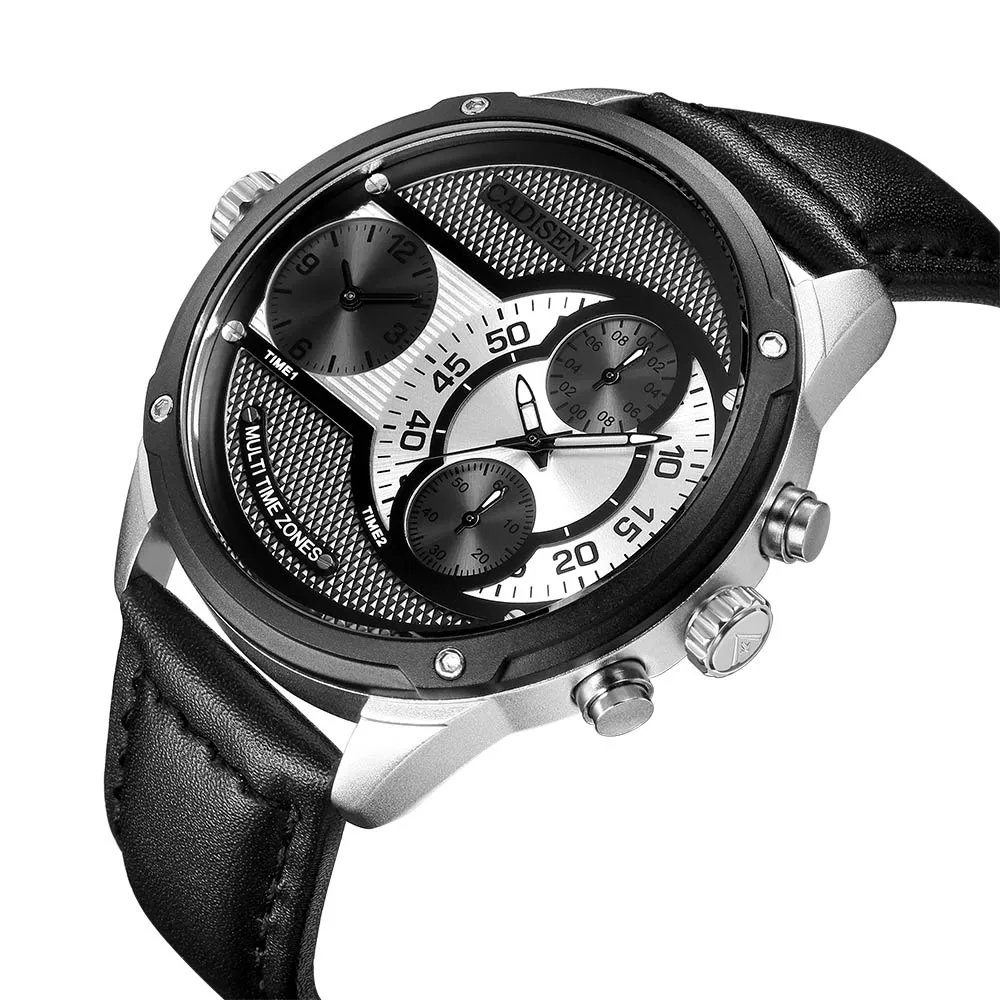 

CADISEN Famous Designer Mens Watch Dual Time Zone Quartz-Watch Leather Strap Big Face Military Quartz Clock Relogio Masculino